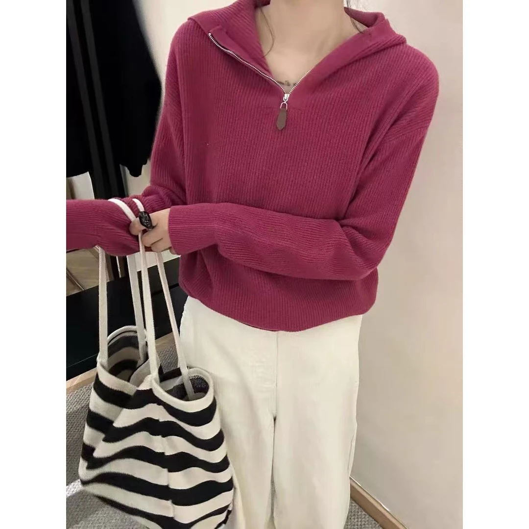 /火龙果帽衫/新款时尚连帽贴标毛衣女半拉链套头保暖外穿CM116