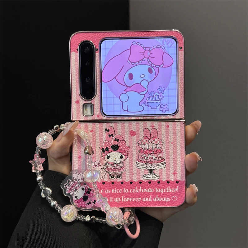 适用华为purax折叠屏手机壳条纹皮质pocket2美乐蒂库洛米链条挂件