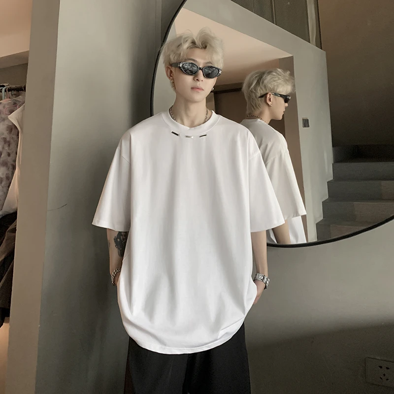 白色小领口T恤男夏季重磅短袖cleanfit美式高街小众设计感五分袖