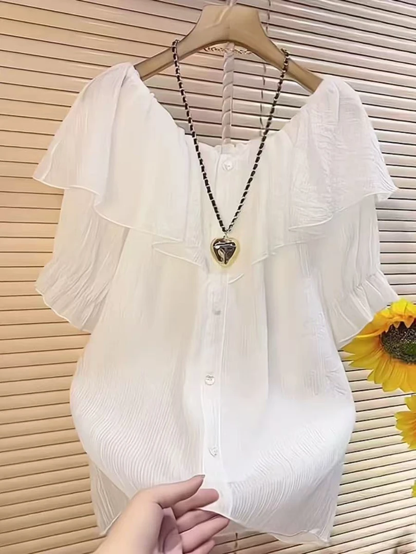 春夏季大码胖mm欧货设计感一字肩仙仙气质时尚显瘦短袖衬衫