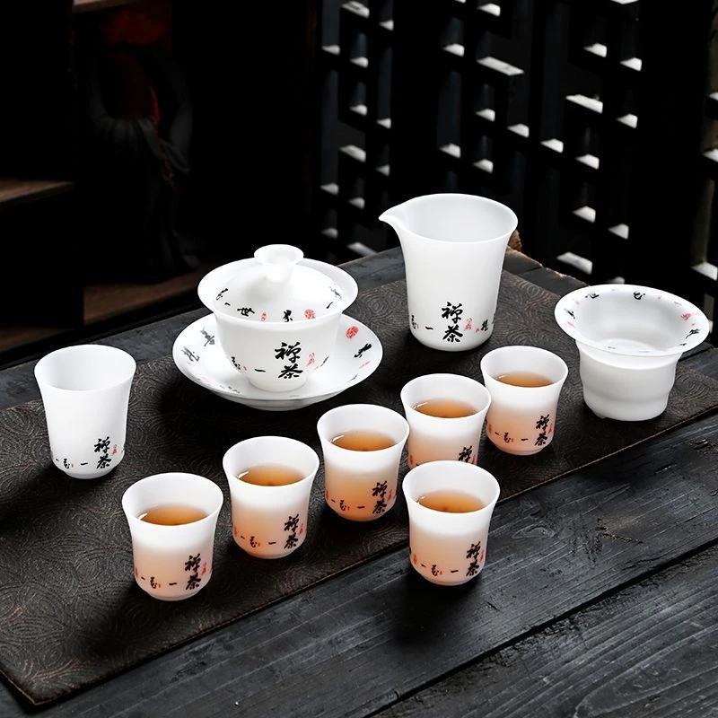 素烧冰种羊脂玉白瓷家用功夫茶杯盖碗套装轻奢办公室待客茶具高档