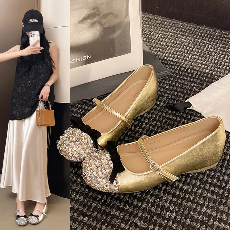 法式蝴蝶结内增高水钻单鞋女2025新款配裙子平底气质圆头玛丽珍鞋