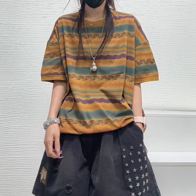【云吖】夏季复古宽松休闲炒色彩条纹下摆抽绳圆领套头短袖棉T