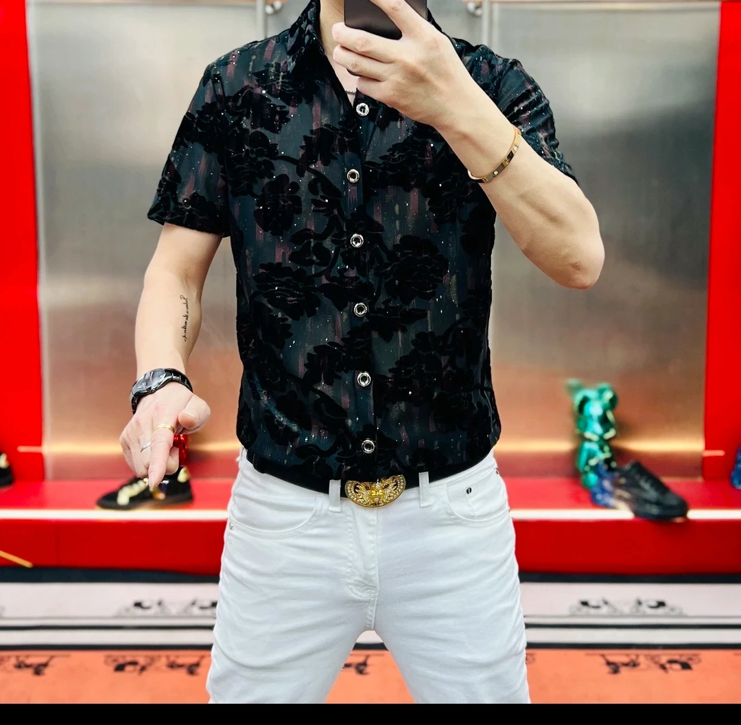 欧洲站新款夏季男士时尚轻奢植绒提花翻领百搭修身提花薄款衬衫潮