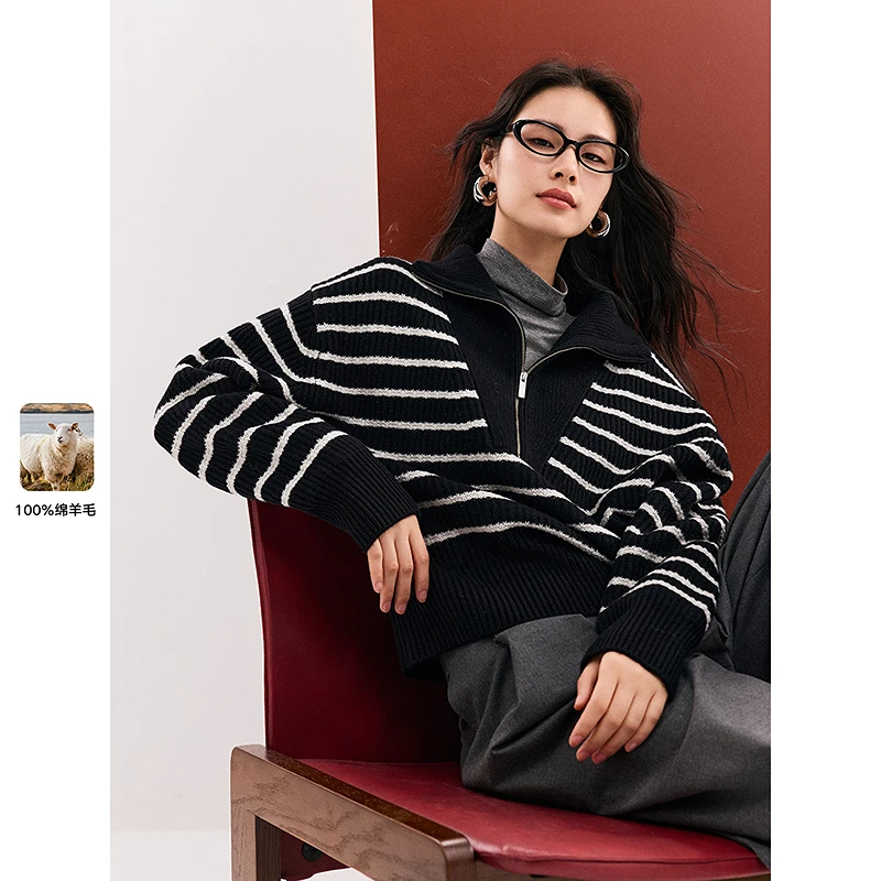 棉仓357605002-翻领条纹拉链毛衣