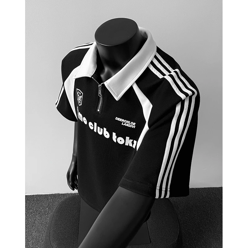 半拉链撞色重磅短袖t恤男夏季美式高街潮牌潮流痞帅宽松五分半袖