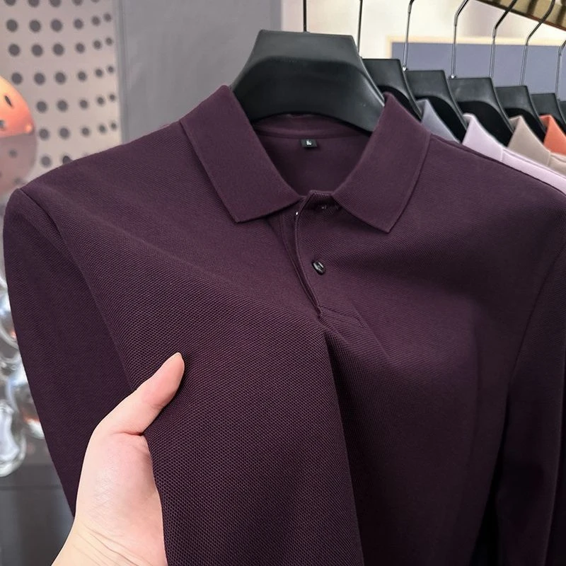 2025秋季新款男士长袖T恤高档翻领商务休闲POLO高档纯色净版t恤