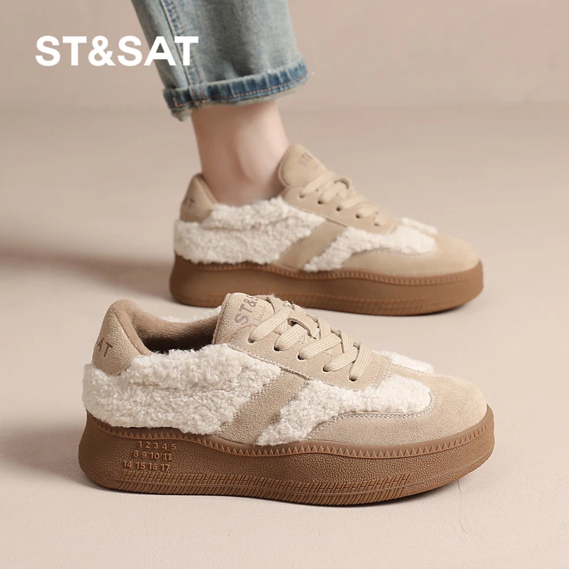 星期六德训鞋女2025春季新款女鞋女款爆款鞋子加绒运动棉鞋毛毛鞋