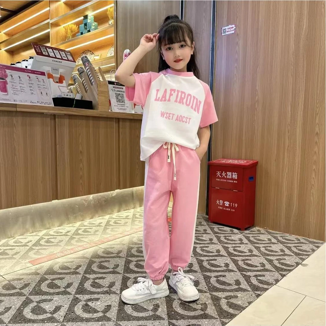 夏装童装薄款拼色运动套装2025新款中大童字母T恤哈伦裤两件套潮