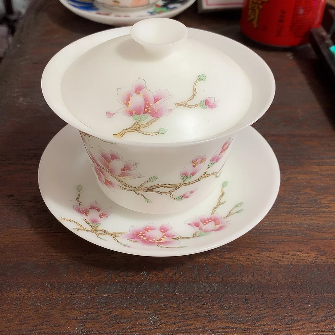 冰种素烧手绘大盖碗