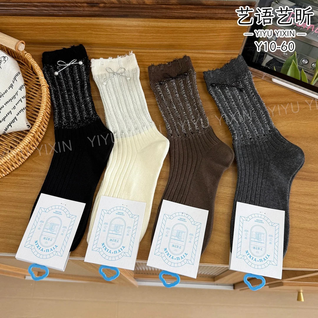 秋冬新款气质银丝镂空蝴蝶结中筒精致女袜