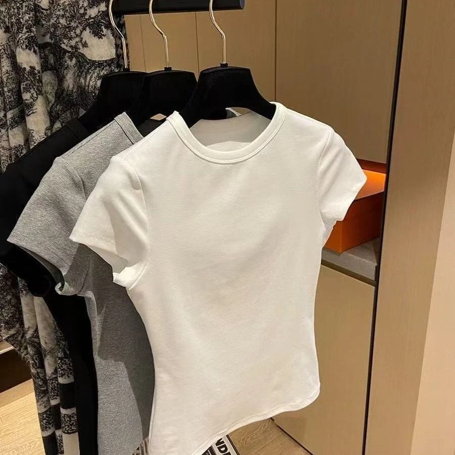 纯色修身正肩短款夏季白色短袖圆领2025显瘦打底新款辣妹上衣