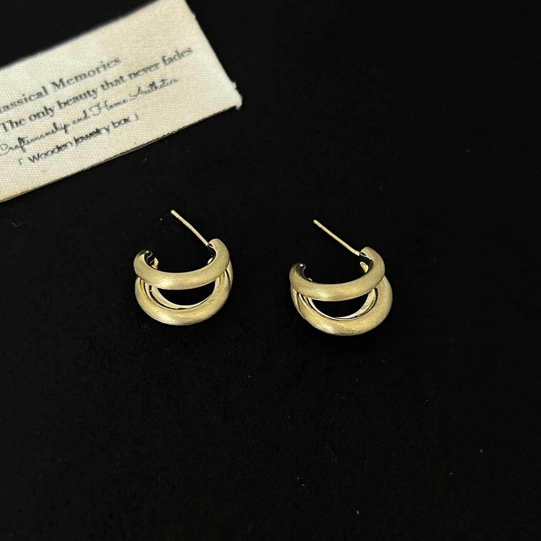 铜合金耳饰 简约三层磨砂哑光金色小耳环5113