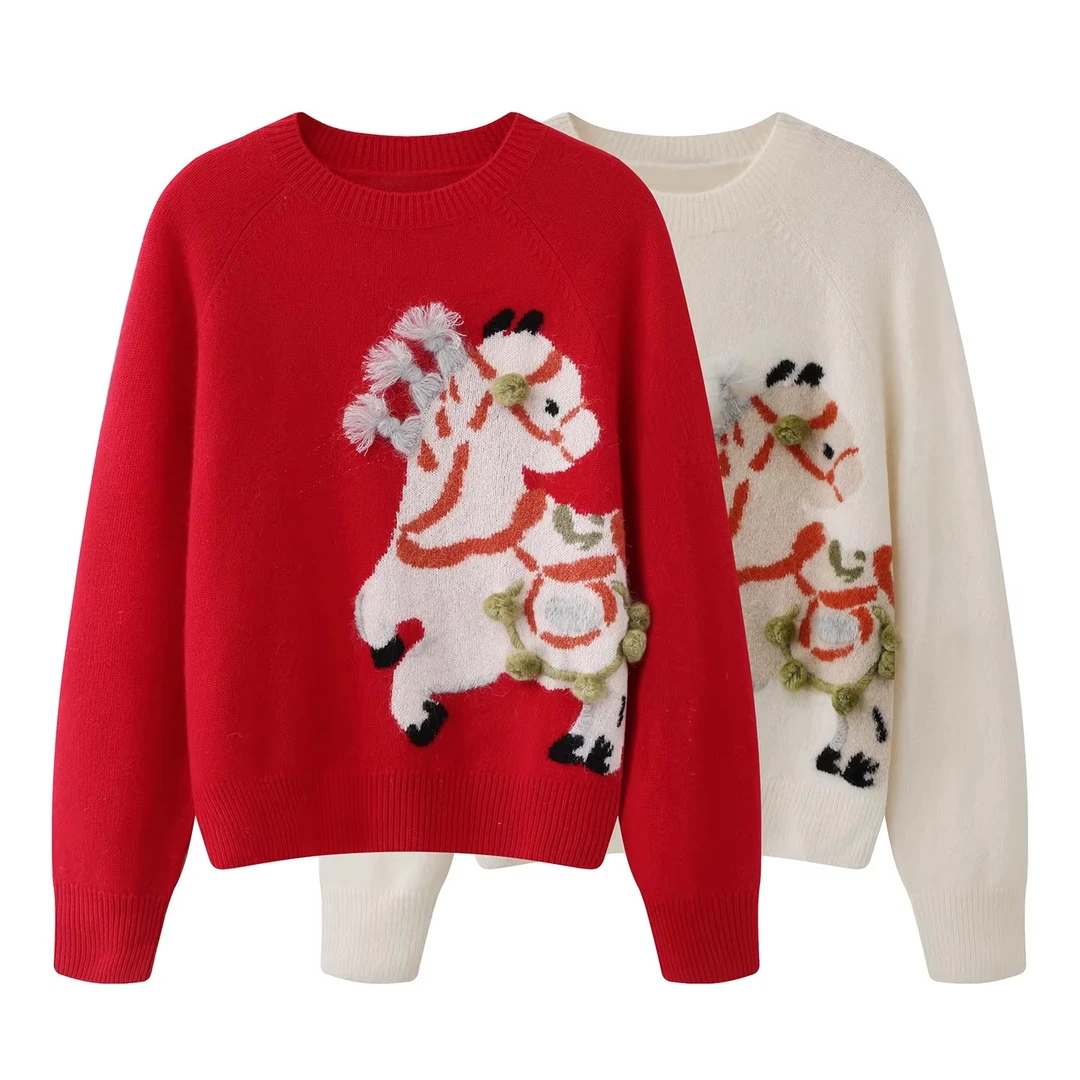 【鸿运木马】2026春季新款时尚百搭卡通提花新年毛衣女.k501225a