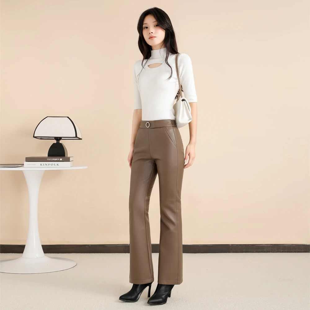 【纯皮皮裤女】2025春季新款高腰显瘦阔腿百搭修身羊纹微喇皮裤