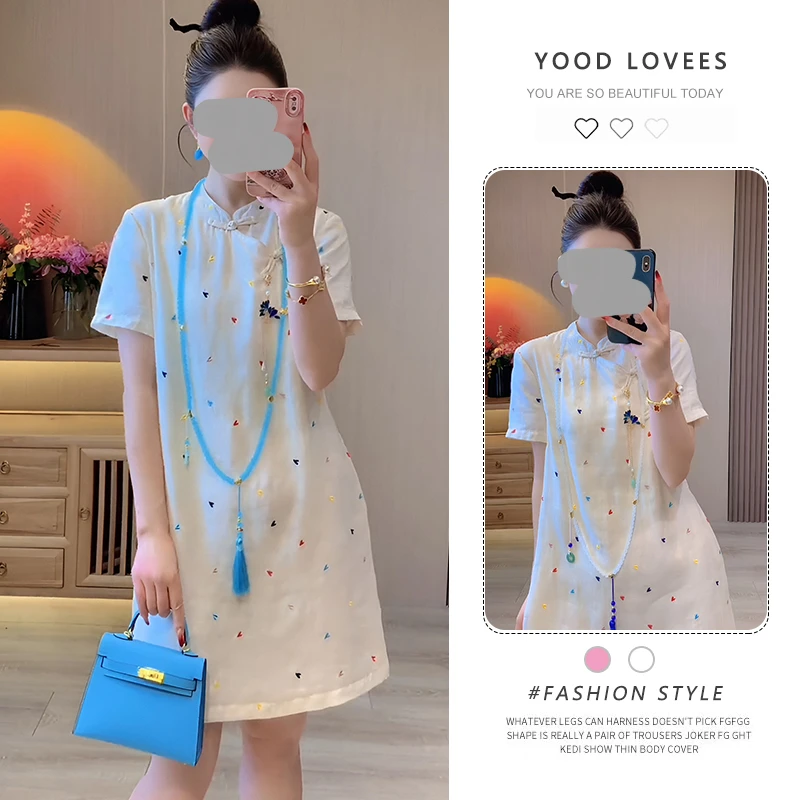 2025夏季新款网红爆款高端气质优雅盘扣显白爱心印花减龄连衣裙女