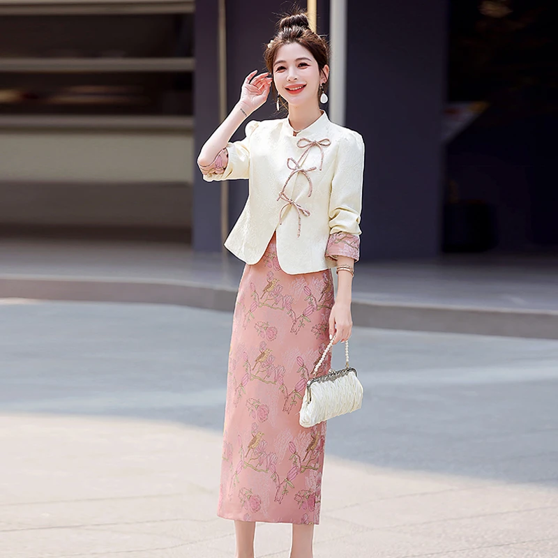 新中式优雅气质提花套装女复古国风短款盘扣上衣高腰半身裙两件套