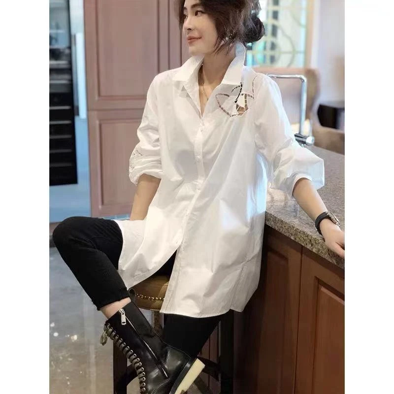 宽松白色衬衫女中长款休闲气质时尚洋气大码2025年春装新款欧洲站