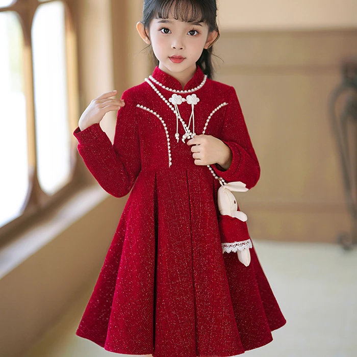女童旗袍连衣裙2025秋冬新款小女孩公主裙冬季女童裙子公主款