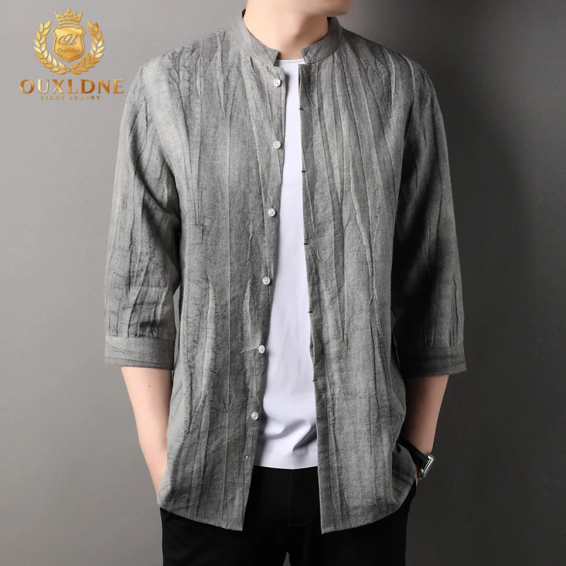 OUXLDNE 七分袖衬衫男士外穿立领上衣2025夏季薄款外套新中式男装