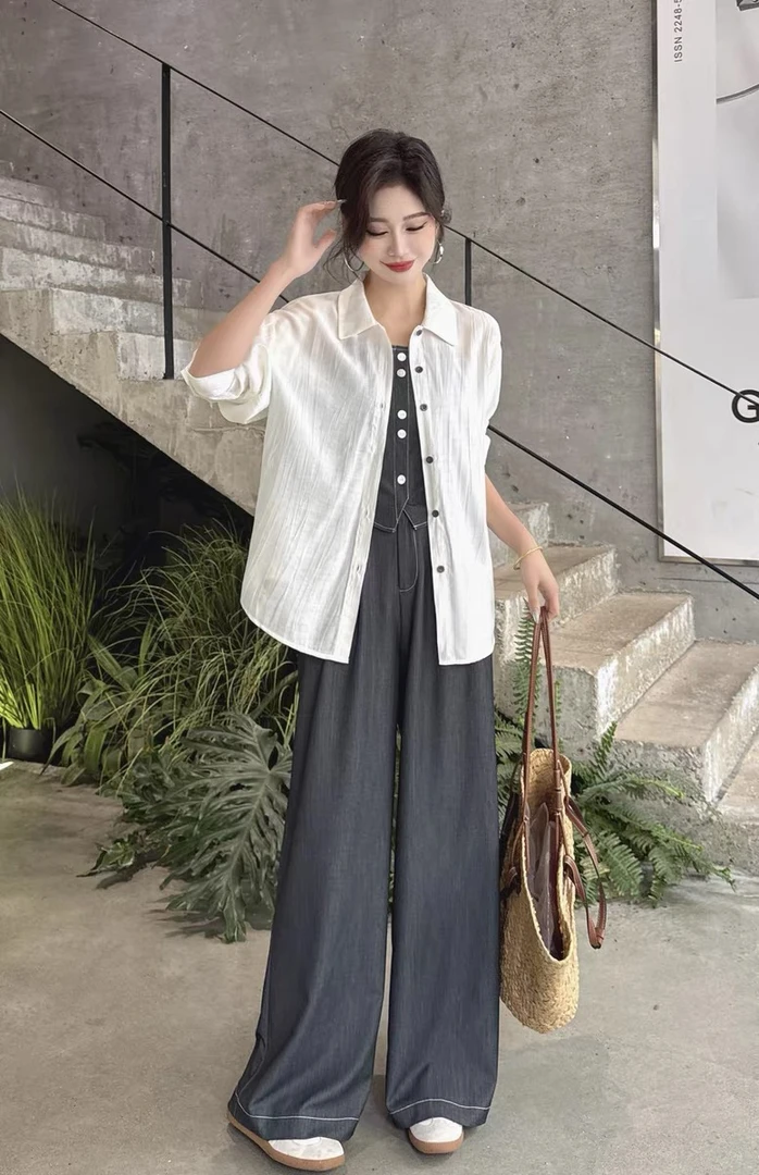 夏季长袖开叉衬衫搭吊带阔腿裤三件套女2025年休闲穿搭一整套060