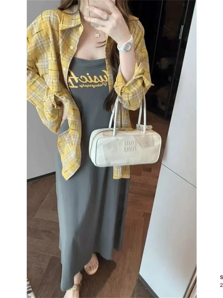 3701#新款撞色显瘦格纹衬衫连衣裙两件套【裙长120】B1-2