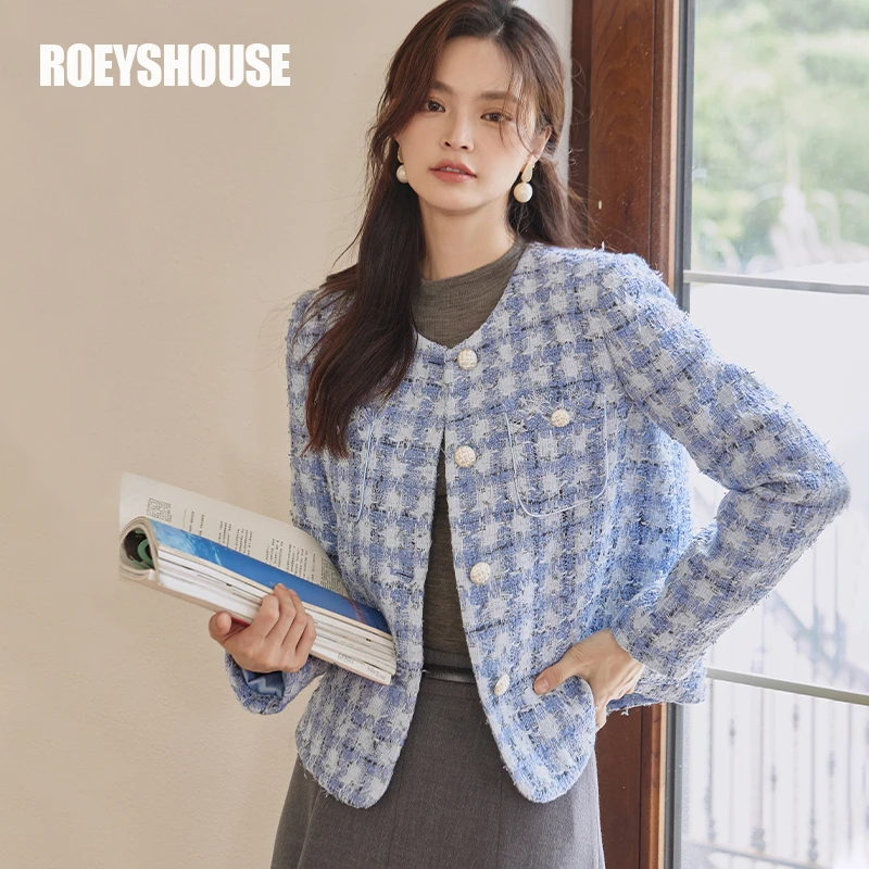 【罗衣】罗衣高级小香风修身短外套秋冬气质蓝色粗花呢西服09513