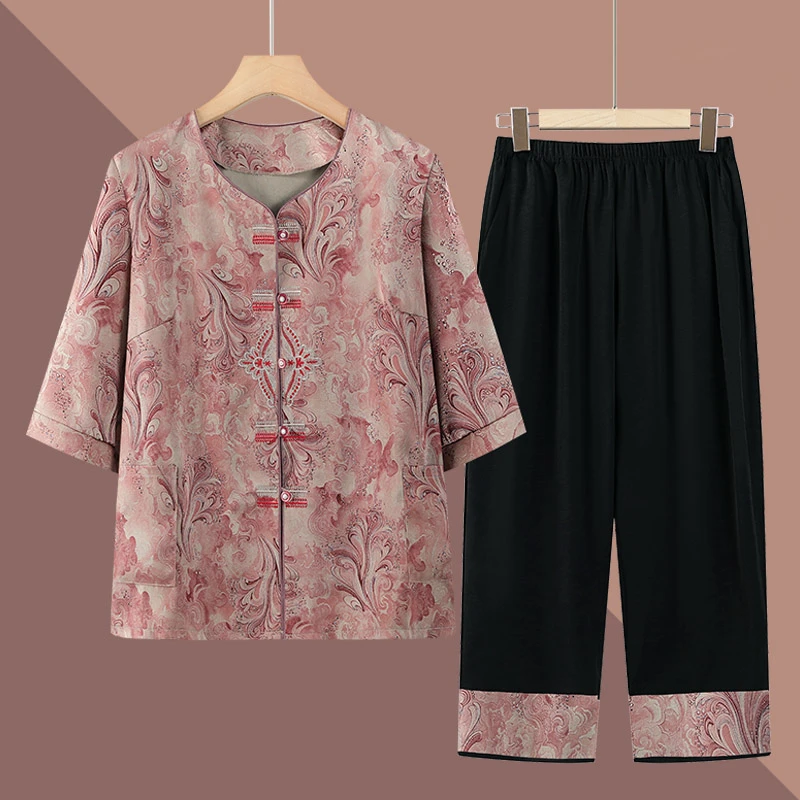 老太太夏装套装中老年人女春装中式上衣休闲奶奶短袖70岁妈妈衬衫