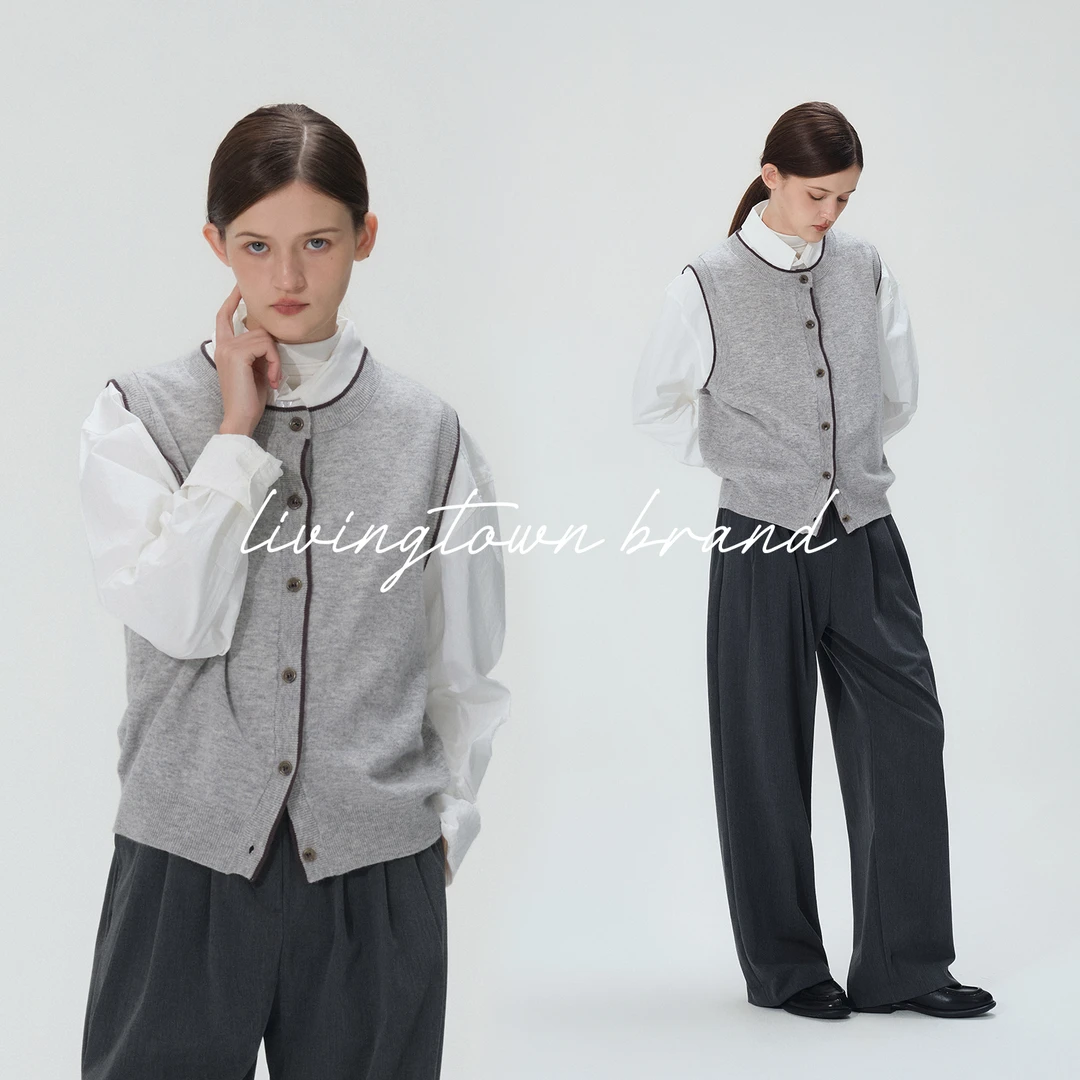 LIVINGTOWN法式复古圆领纯羊毛针织马甲无袖叠穿简约开衫马夹背心