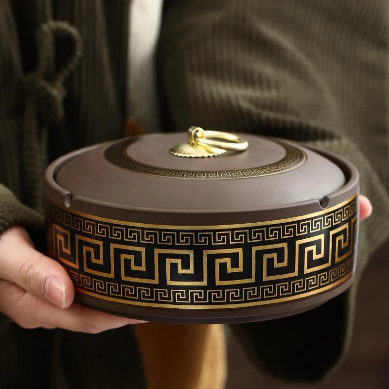 专柜品牌中国印大号紫砂烟灰缸家用办公带盖防飞灰中式复古车载灭