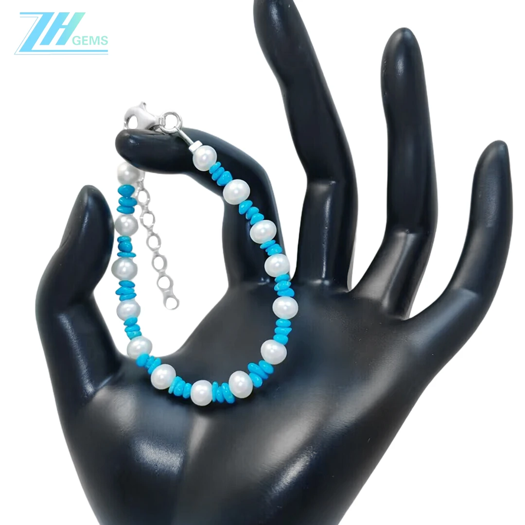 ZH女士时尚珍珠天然电解绿松石随形手链 S925银手链 搭配银圆珠