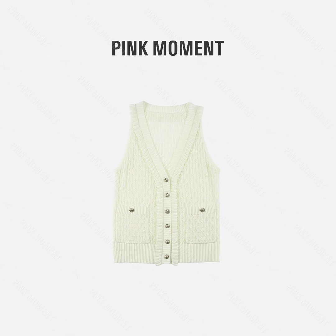 PM王囡囡 米白色V领排扣背心开衫马甲 ND1A0383