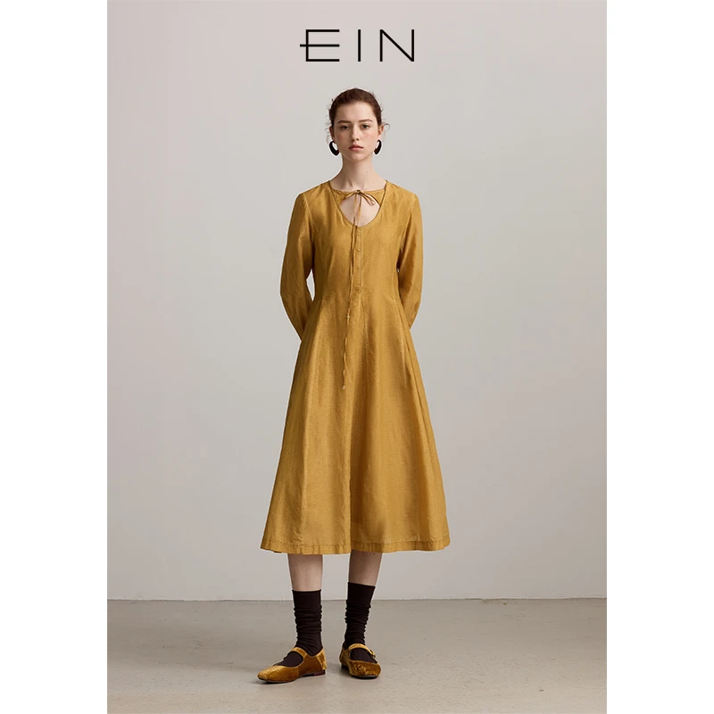 EIN/言【商场同款】复古炒色做旧圆领收腰丝棉女装连衣裙25早春款