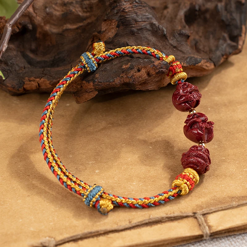 含辰砂工艺品《吉庆有余》五台 辰砂十二生肖三合手绳新中式男女款