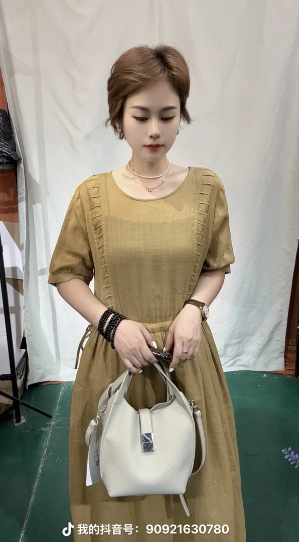 新款苎麻系带收腰宽松休闲A字长裙