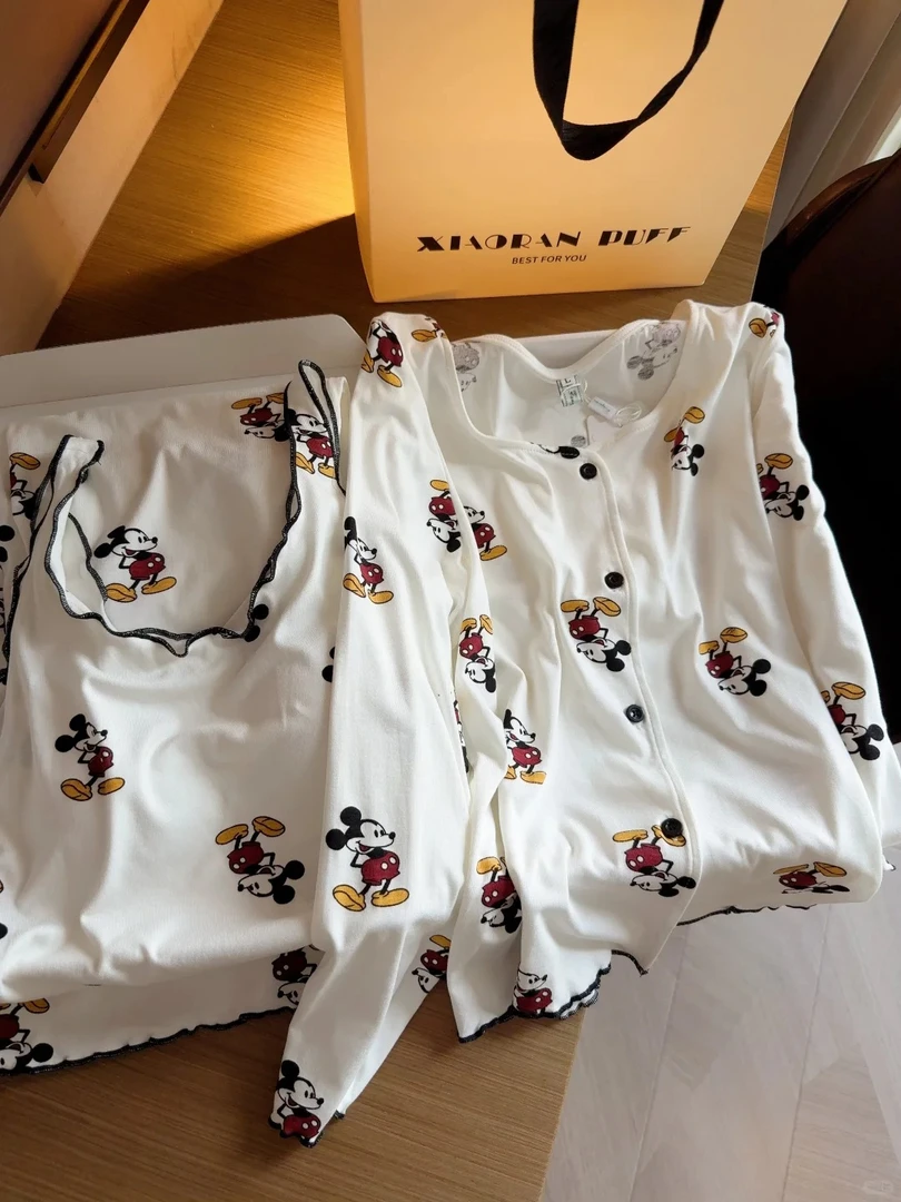 韩系甜美可爱米奇三件套睡衣女春秋款2025新款简约开衫吊带家居服