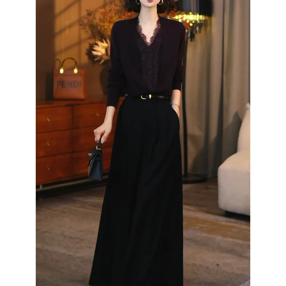 轻奢优雅名媛风套装女2025冬季新款气质蕾丝拼接长袖针织衫阔腿裤