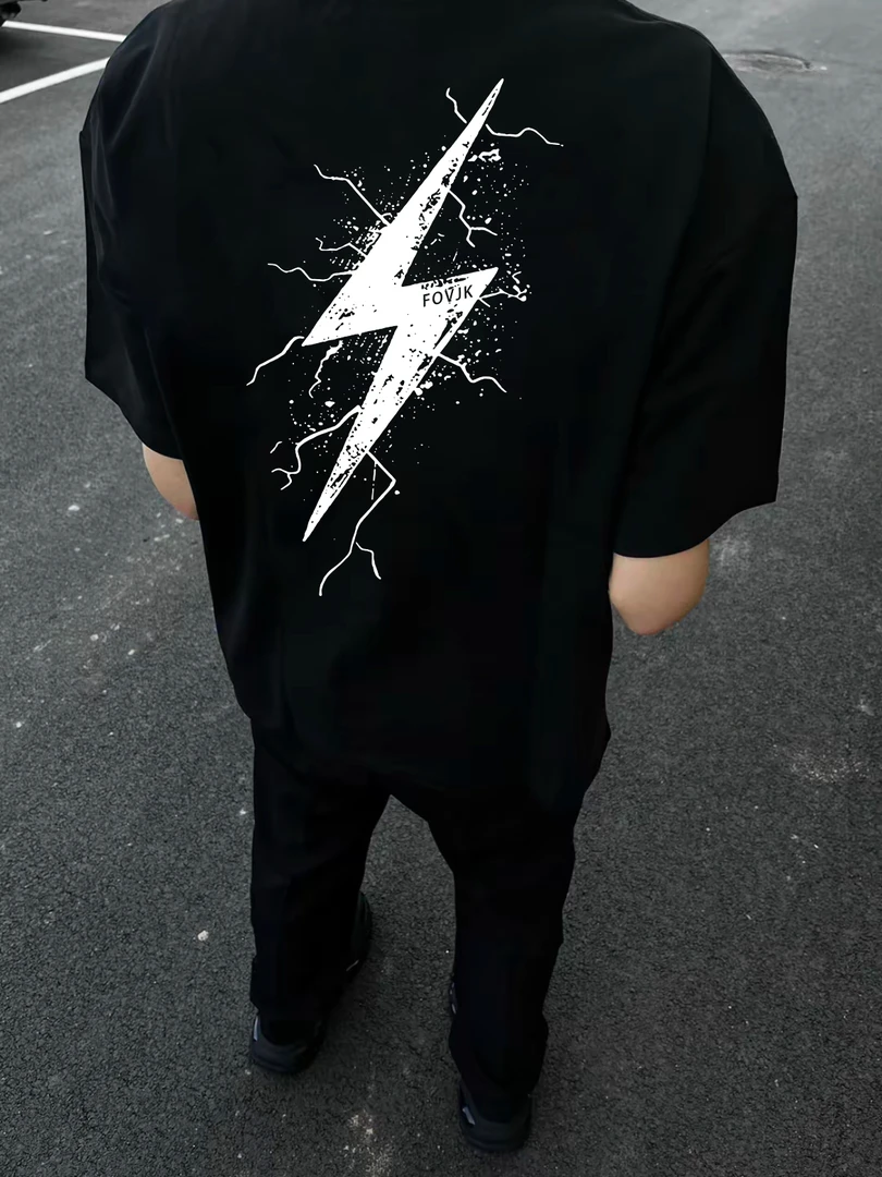 重磅潮牌街头美式短袖男潮流闪电设计国潮t恤男生高街宽松半袖