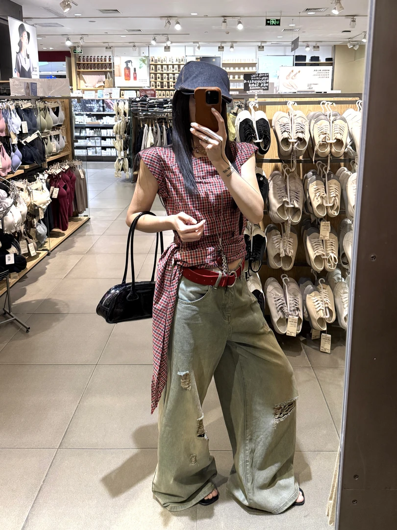 KAFU 欧货小众设计复古红格收腰显瘦无袖衬衣