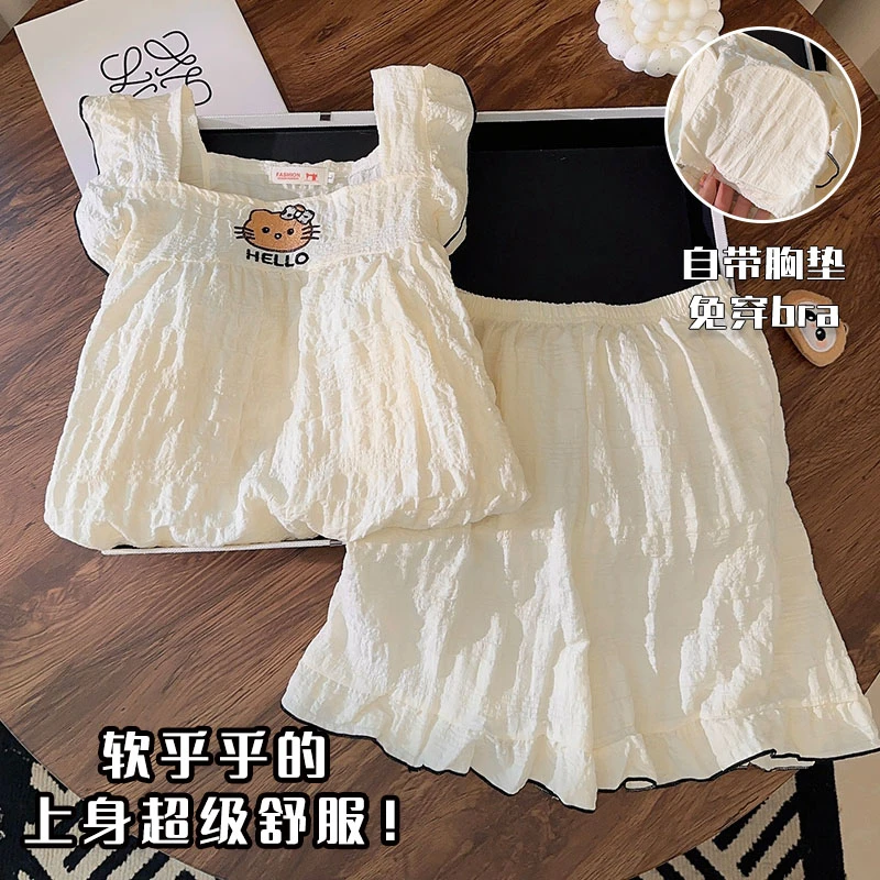 KT猫睡衣女夏季小飞袖云朵棉少女套装夏天带胸垫小个子学生家居服