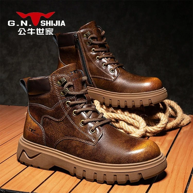公牛世家男士复古秋冬英伦风马丁靴休闲高帮厚底男士靴子增高男靴