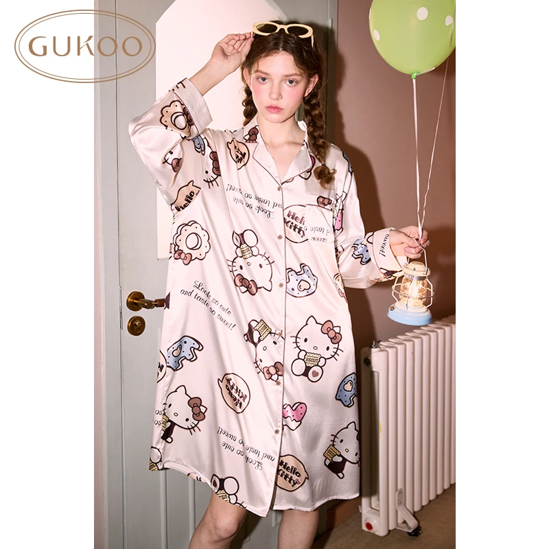 【Gukoo果壳】hello Kitty睡衣长袖睡裙卡通满印缎面高级感家居服
