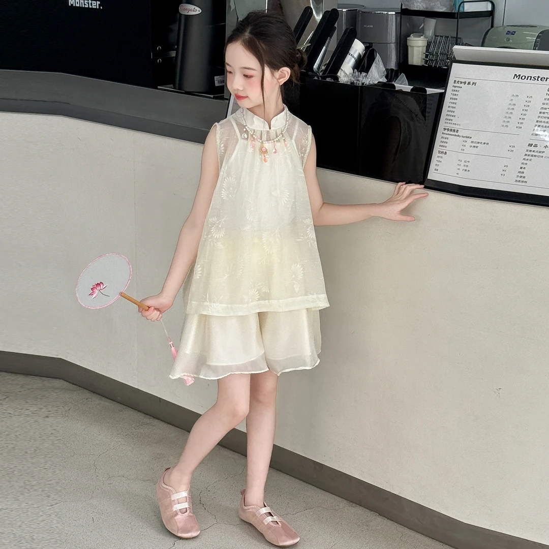 女童夏装套装2025新款儿童洋气国风背心女孩夏季阔腿裤汉服两件套