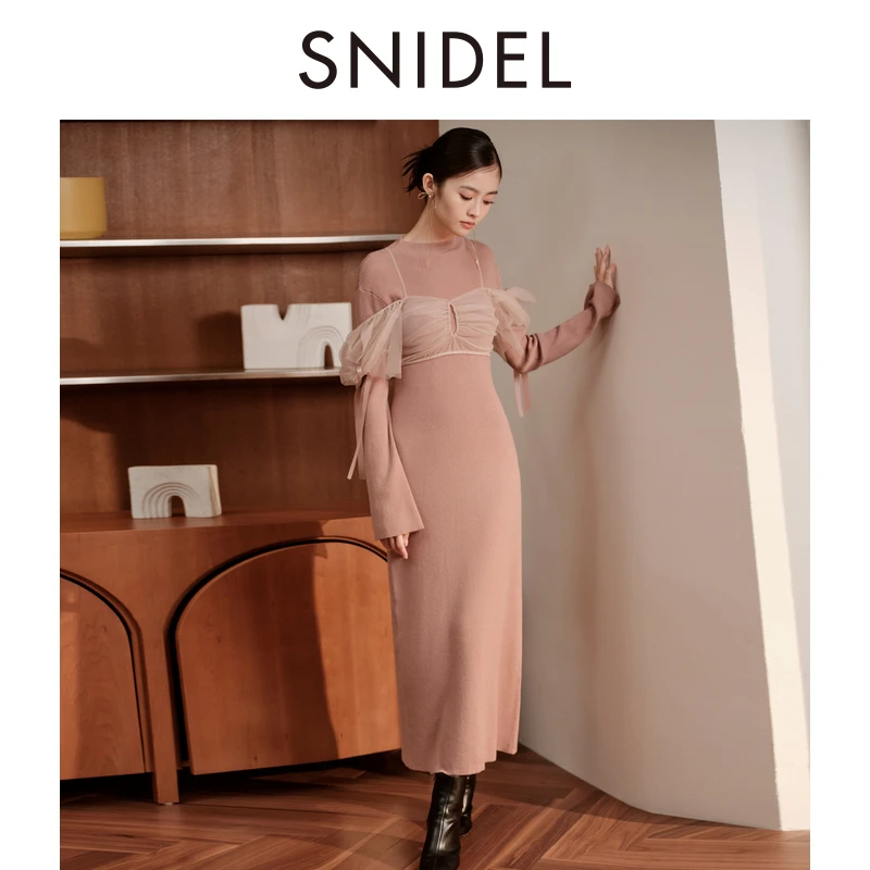 SNIDEL新品薄纱吊带半高领针织连衣裙两件套SWNO245065