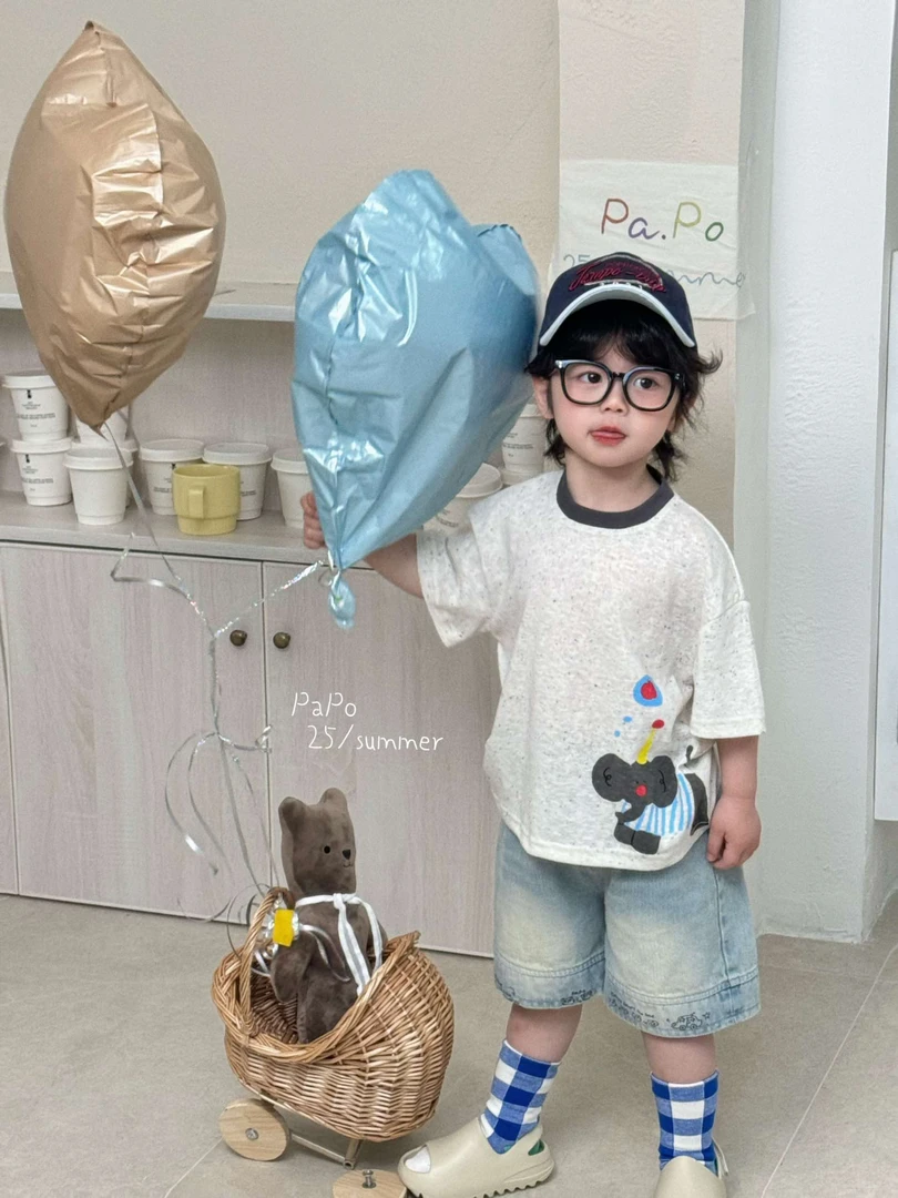 赫一童品papo25夏大象印花彩色点点短袖浅色印花牛仔裤