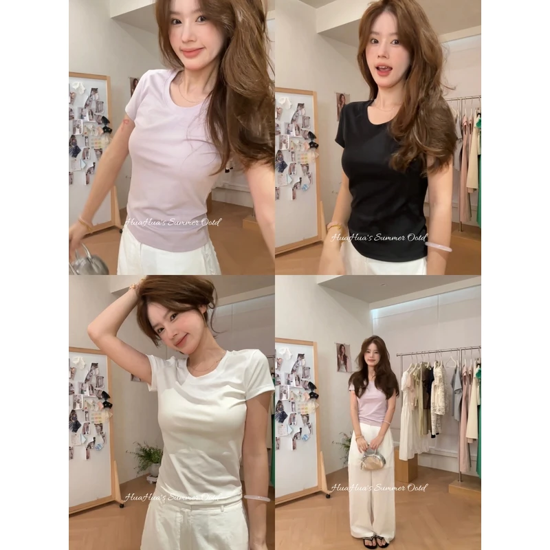 【花花】奶冻t~韩代纯色U领修身简约百搭短袖T恤