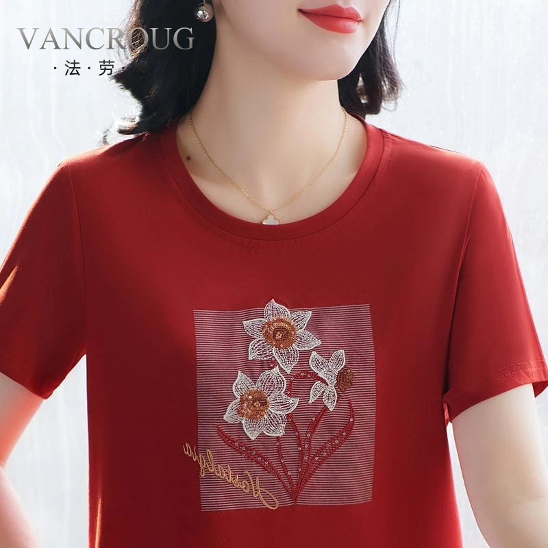 法劳格棉t恤女夏装圆领半袖气质上衣时尚纯欲慵懒风女装红色夏季