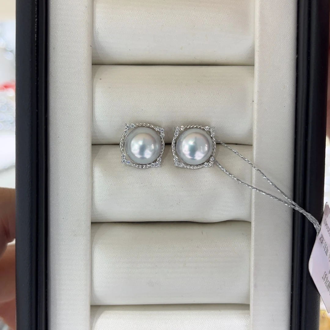 银S925镶嵌海水珍珠上新澳白蓝血耳钉9-10mm