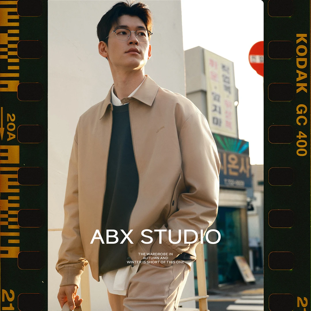 abx 高密精纺丝光斜纹面料 品牌刺绣 春秋季翻领哈灵顿夹克男外套