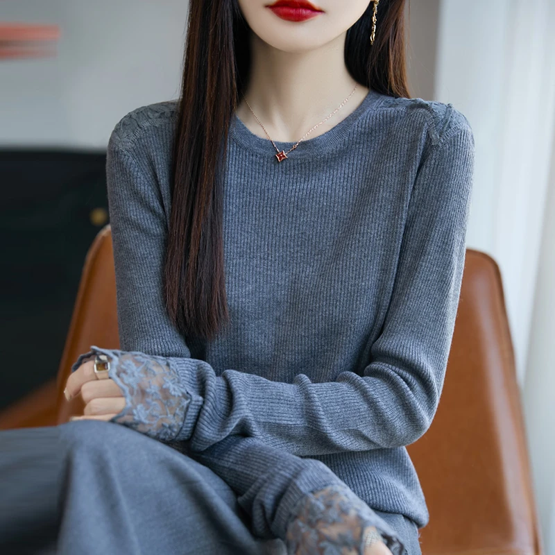 秋装2025新款时尚洋气针织上衣女宽松显瘦遮肉春秋大码蕾丝打底衫